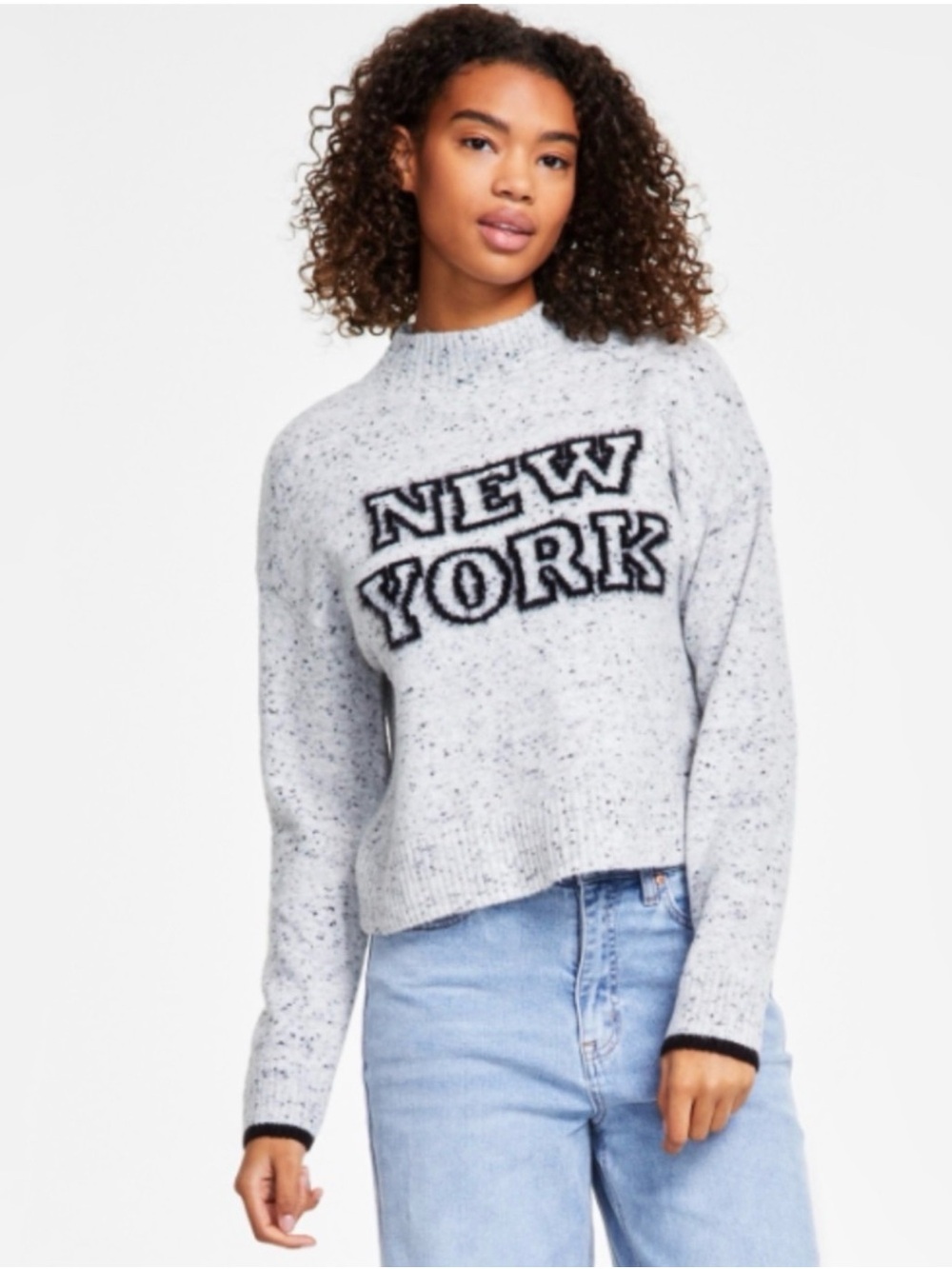 Hooked Up by IOT Mock Neck Eyelash Knit Sweater With "NEW YORK" Text